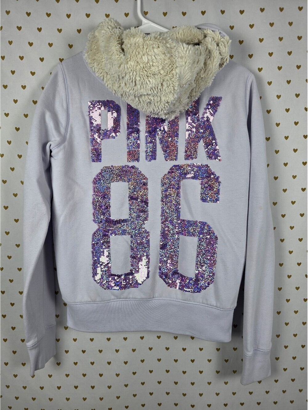 Victorias Secret Pink Grey FUR LINED Hoodie Jacket BLING MEDMAID Sequined S